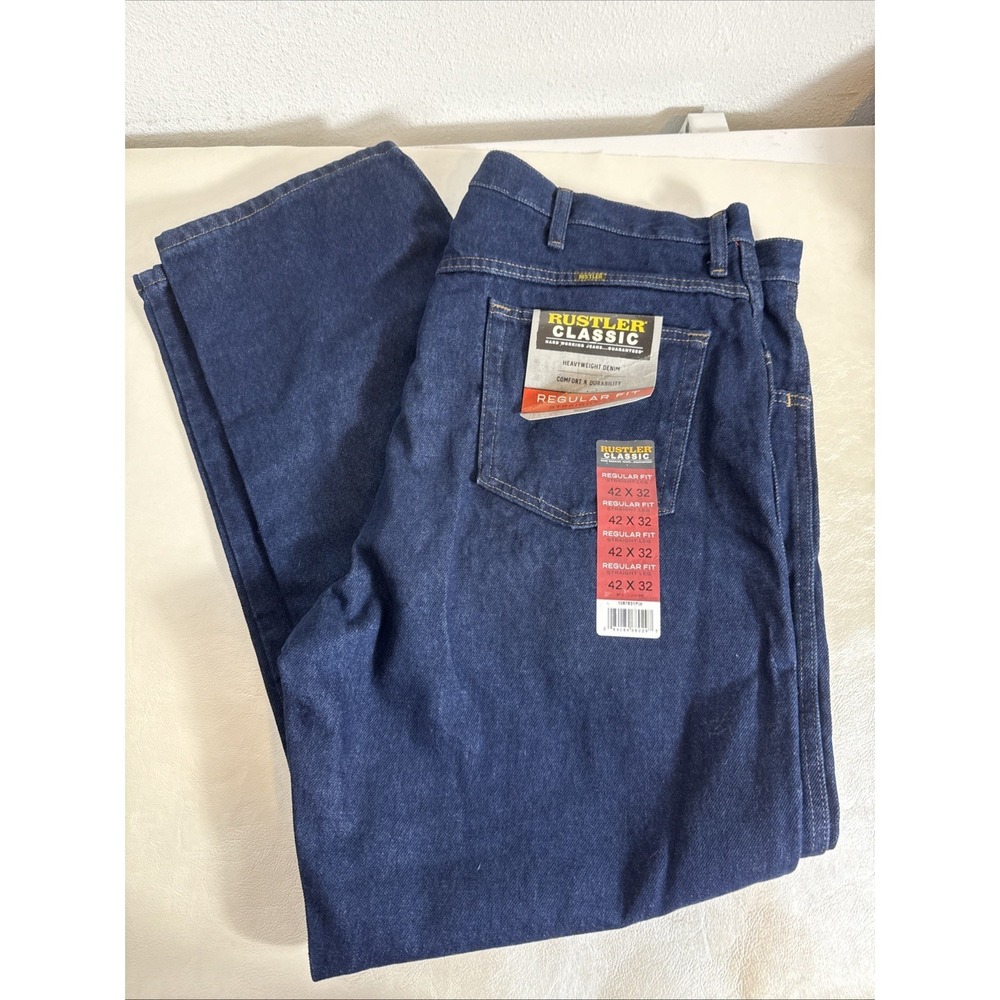 NWT Rustler Wrangler Men's‎ Straight Reg Fit Jeans 42x32 Dark Blue Heavyweight